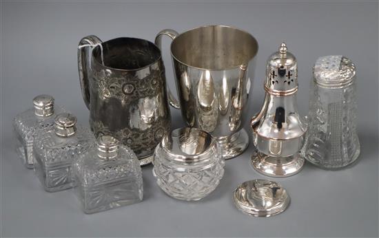 A small group of silver and white metal-mounted and plated items, including toilet jars etc